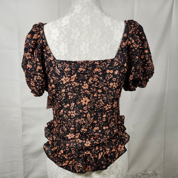 Free People Black Orange Floral Lace Corset Top Puff Sleeve Ruched Peplum Size L - Picture 6 of 8